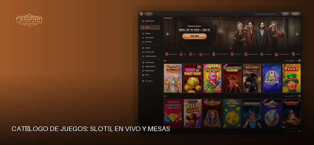 Catálogo de juegos: slots, en vivo y mesas